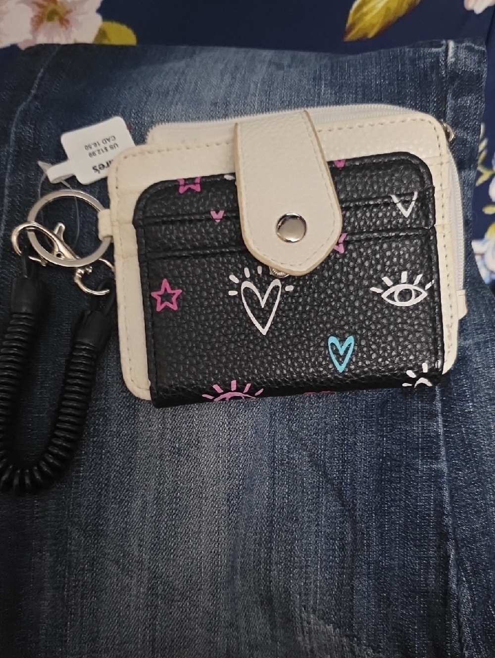 Claire's Black Cardholder Wallet with Cream Trim and Pink & Blue Doodle Accents